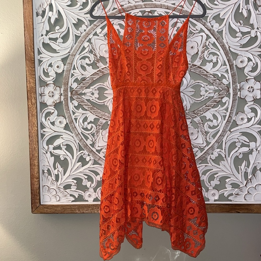 Free People Just Like Honey Orange Lace Mini Sleeveless Dress SZ 0 EUC - Picture 3 of 16